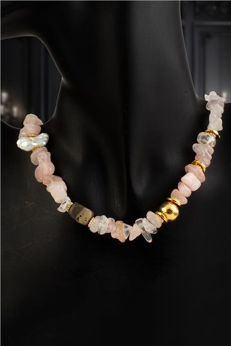 Pembe Kuvars Doğal Kırık Taş İnci Çelik Kolye