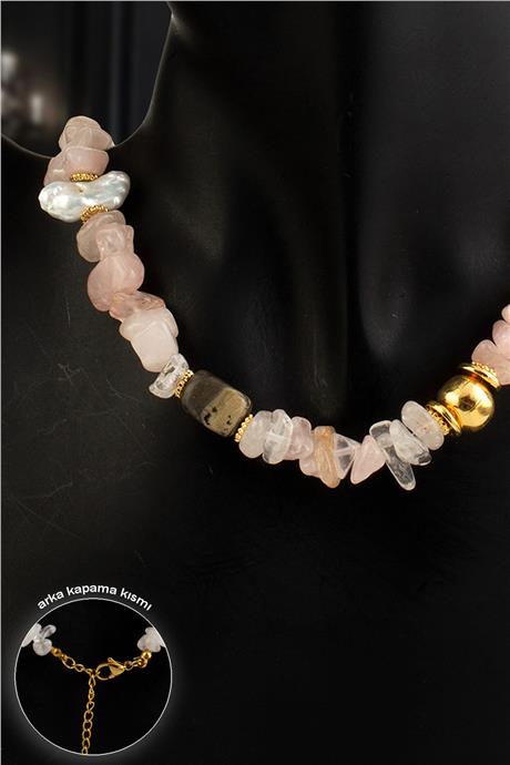 Pembe Kuvars Doğal Kırık Taş İnci Çelik Kolye