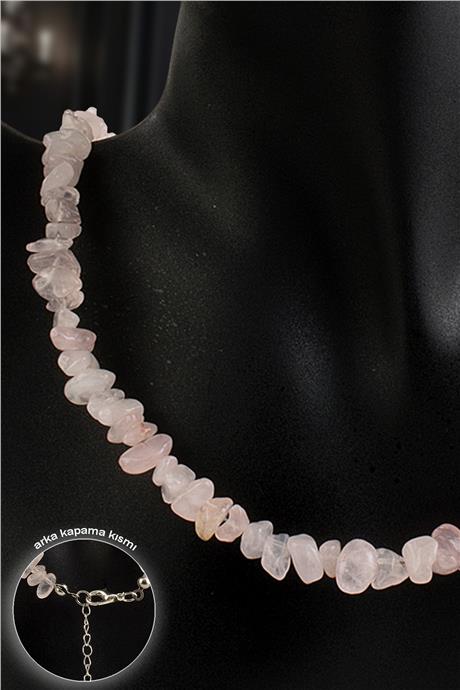 Pembe Kuvars Doğal Kırık Taş Tam Tur Kolye