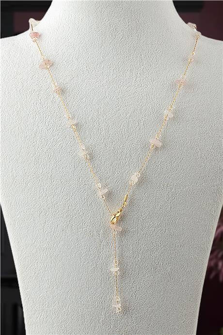 Pembe Kuvars Doğal Kırık Taş Yapıştırma Y Zincir Kolye