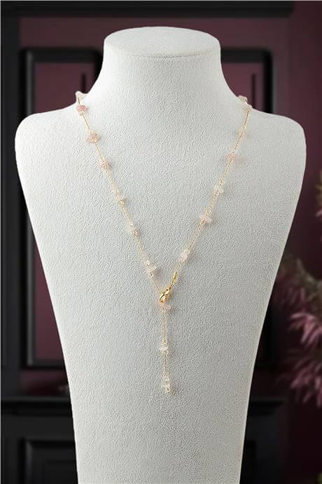 Pembe Kuvars Doğal Kırık Taş Yapıştırma Y Zincir Kolye