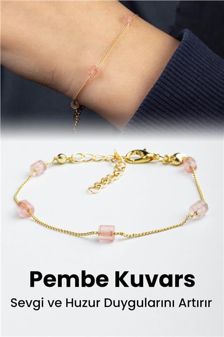 Pembe Kuvars Doğal Silindir Kesim Zincir Kapamalı Bileklik