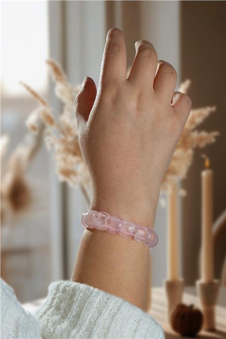 Pembe Kuvars Taşı Bombeli Dikdörtgen Kesim Bileklik