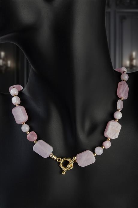 Pembe Kuvars Doğal Taş Dümen Kapamalı Kolye