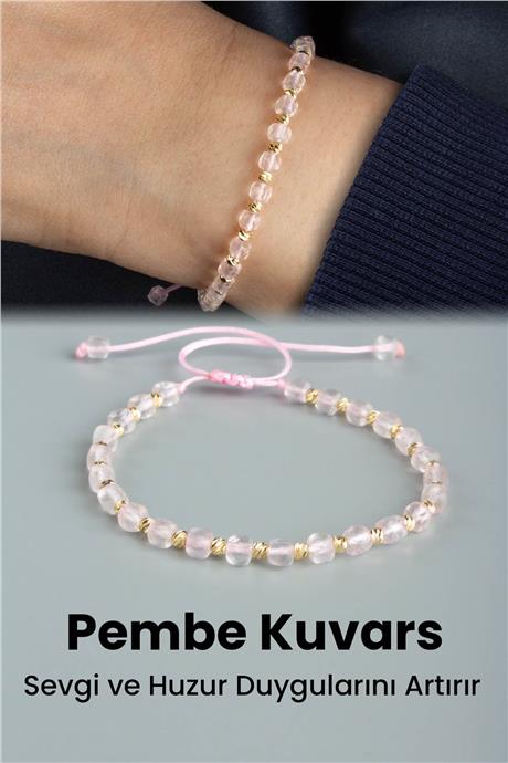 Pembe Kuvars Doğal Taş Faset Küp Kesim 4mm Makrome Bileklik
