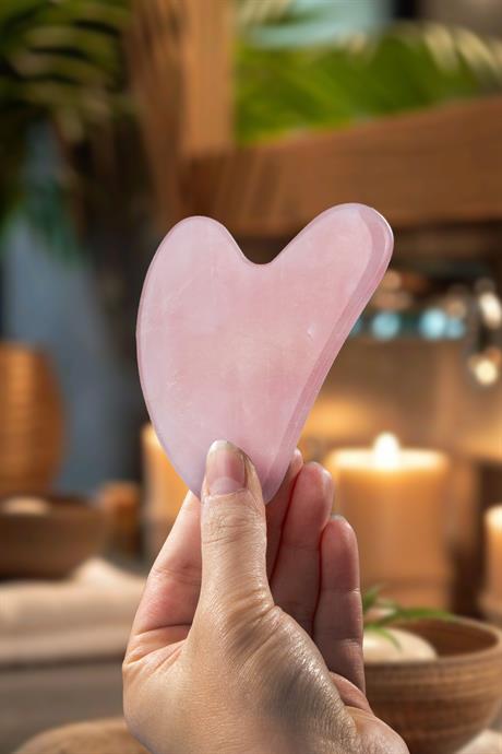 Pembe Kuvars Doğal Taş Gua Sha Kalp Kesim Yüz Masaj Aleti [AA]