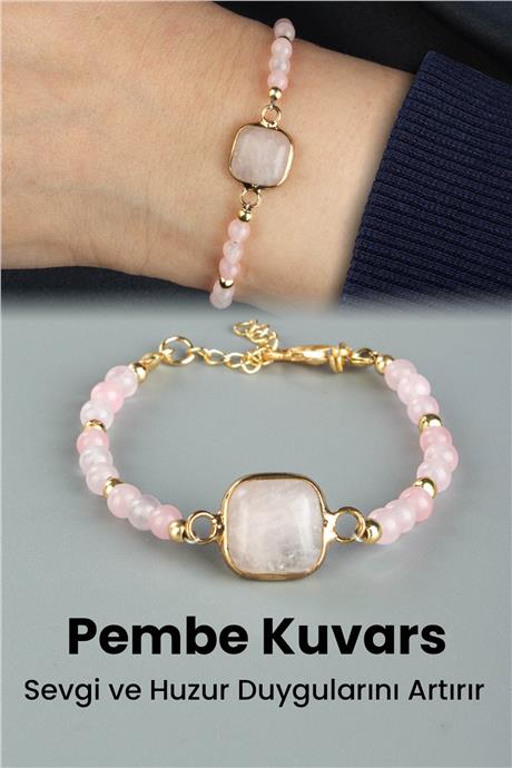 Pembe Kuvars Doğal Taş Küre Kesim 3mm Zincir Kapamalı Bileklik