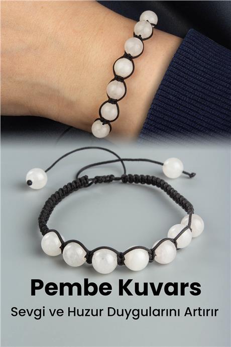 Pembe Kuvars Doğal Taş Küre Kesim 7 Taşlı Makrome Bileklik