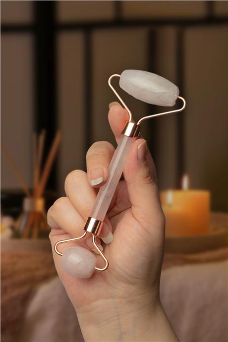Pembe Kuvars Taşı Roz Face Roller Çift Taraflı Masaj Aleti