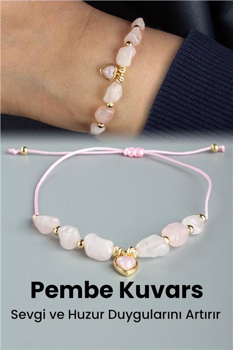 Pembe Kuvars Doğal Taş Tımbıl Kesim Kalp Figürlü Makrome Bileklik