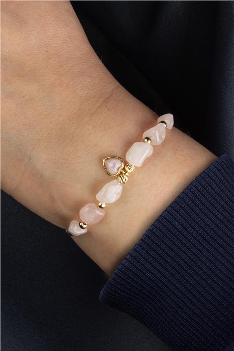 Pembe Kuvars Doğal Taş Tımbıl Kesim Kalp Figürlü Makrome Bileklik