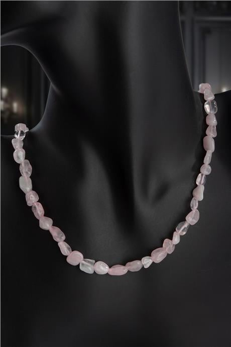 Pembe Kuvars Doğal Taş Tımbıl Kesim Zincir Kapamalı Kolye