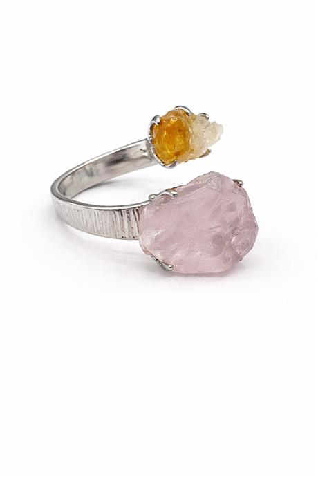 Pembe Kuvars & Sitrin Taşı Ham Kütle Kesim Çelik Ayarlanabilir Yüzük