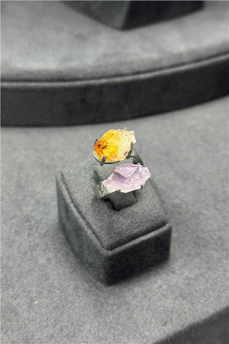 Pembe Kuvars & Sitrin Taşı Ham Kütle Kesim Çelik Ayarlanabilir Yüzük