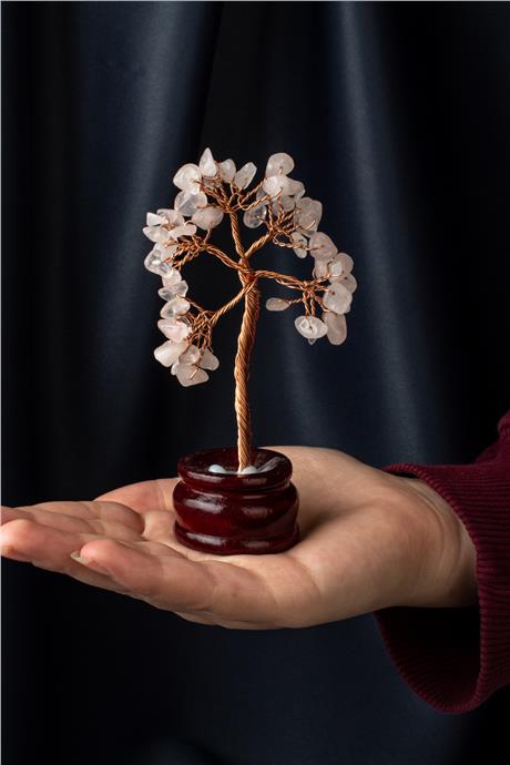 Pembe Kuvars Taşı El Yapımı 4x11cm Doğal Taş Dekoratif Hayat Ağacı