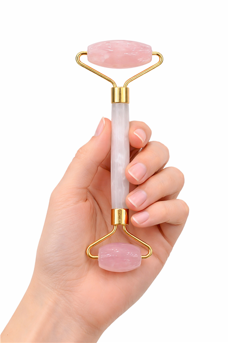 Pembe Kuvars Taşı Face Roller Taşı Yüz Masaj Aleti - Altın Sap