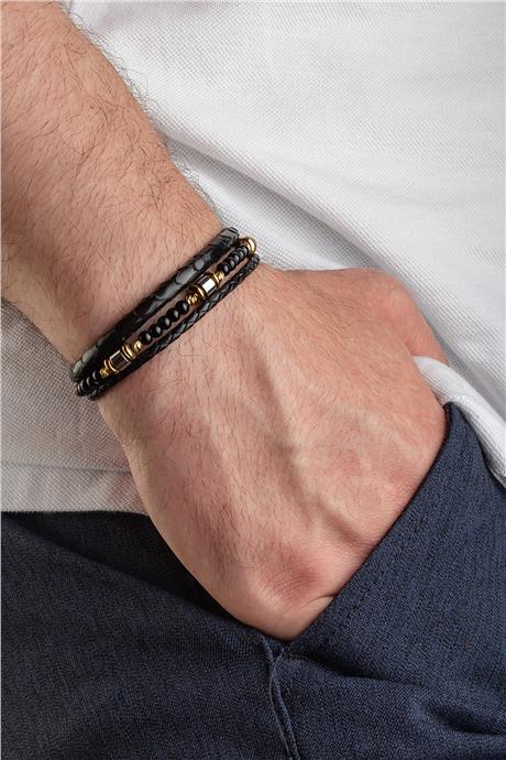 Piton Deri Siyah Oniks Taşlı Dorikalı Üçlü Deri Erkek Bilekliği