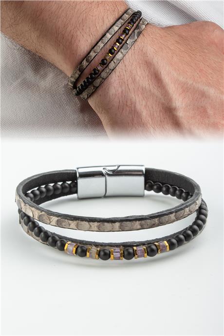 Piton Yassı Kesim Doğal Taşlı Üçlü Deri Erkek Bilekliği