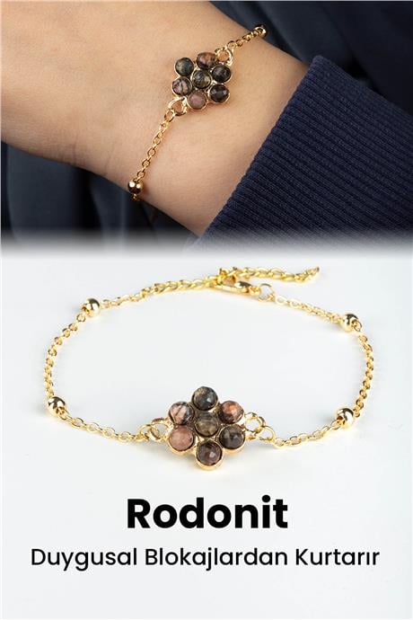 Rodonit Doğal Taş Çiçek Kesim Zincir Kapamalı Bileklik
