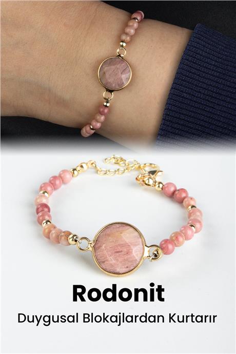 Rodonit Doğal Taş Küre Kesim Orta Daire Taşlı 4mm Zincirli Bileklik