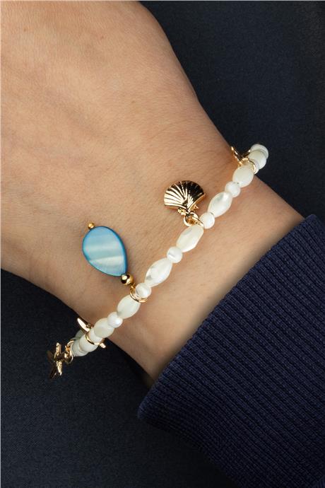 Sedef Doğal Taş Arpa Kesim Zincir Kapamalı Bileklik