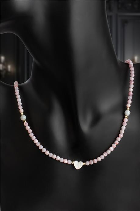 Sedef Doğal Taş Pembe Küre & Kalp Kesim Kolye