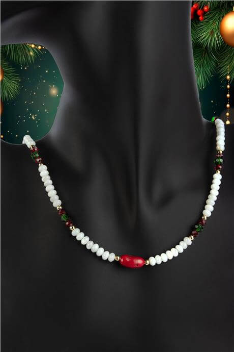 Sedef Doğal Taş Rondela Kesim Mercan Doğal Taş Uçlu Yılbaşı Kolye