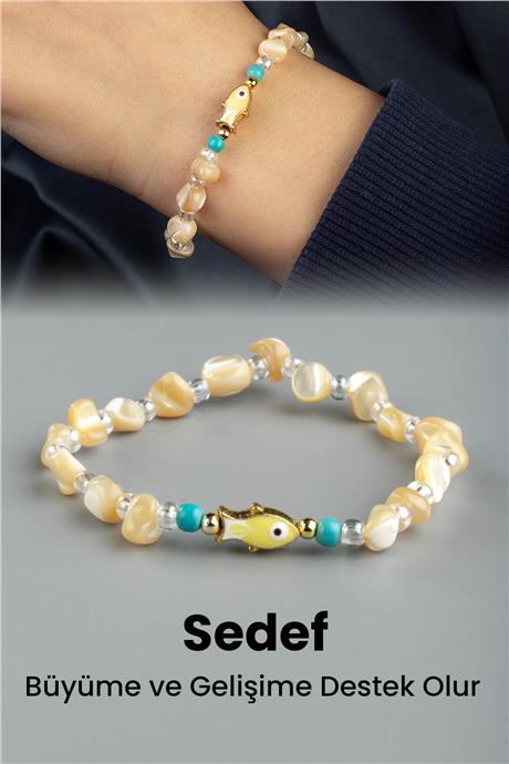 Sedef Doğal Taş Sarı Tımbıl Kesim Mineli Balık Bileklik