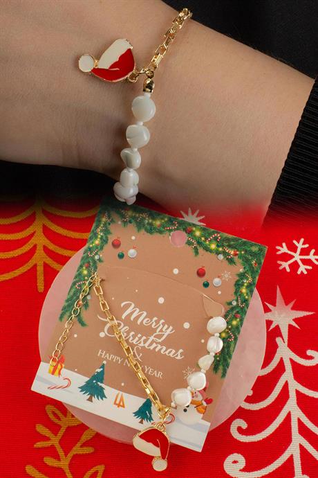 Sedef Doğal Taş Tamburlanmış Kesim Zincir Kapamalı Yılbaşı Bileklik