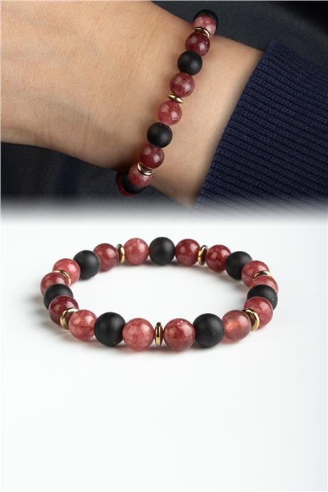 Sıkma Doğal Taş Açık Bordo - Siyah Küre Kesim 8mm Bileklik