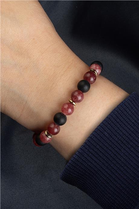 Sıkma Doğal Taş Açık Bordo - Siyah Küre Kesim 8mm Bileklik