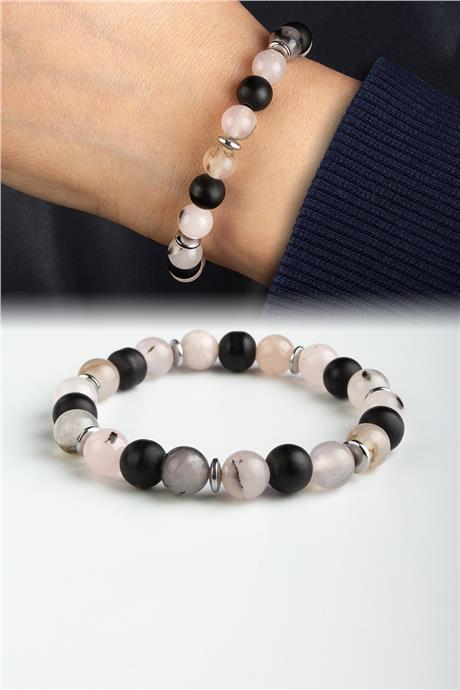 Sıkma Doğal Taş Açık Pembe - Siyah Küre Kesim 8mm Bileklik