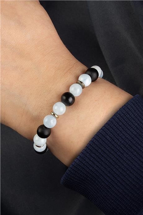 Sıkma Doğal Taş Buz Mavisi - Siyah Küre Kesim 8mm Bileklik