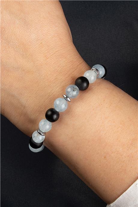 Sıkma Doğal Taş Buz Mavisi - Siyah Küre Kesim 8mm Bileklik