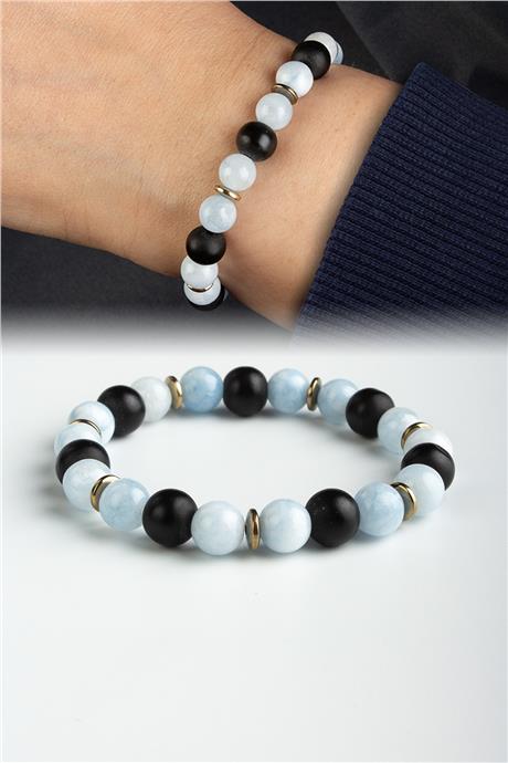Sıkma Doğal Taş Buz Mavisi - Siyah Küre Kesim 8mm Bileklik