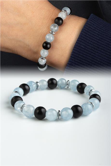 Sıkma Doğal Taş Buz Mavisi - Siyah Küre Kesim 8mm Bileklik