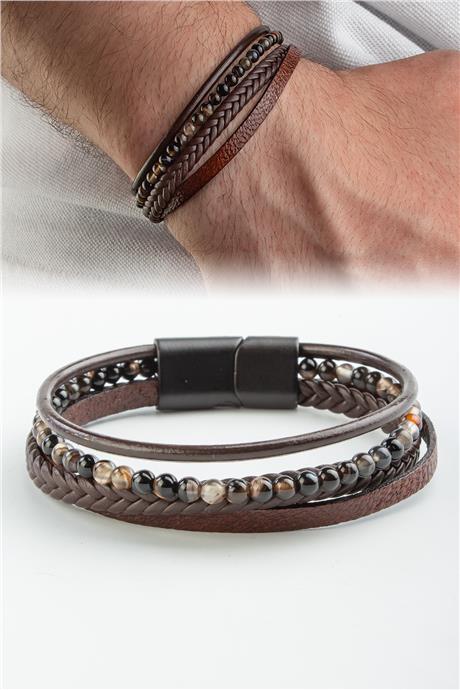 Sıkma Doğal Taş Kahverengi 4mm Dörtlü Deri Erkek Bileklik