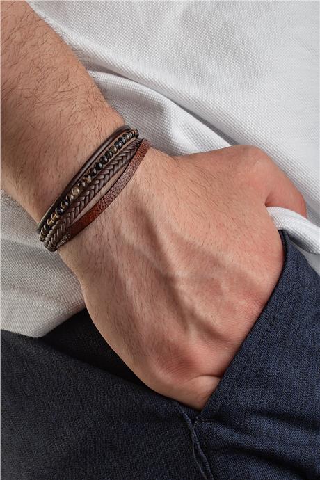 Sıkma Doğal Taş Kahverengi 4mm Dörtlü Deri Erkek Bileklik