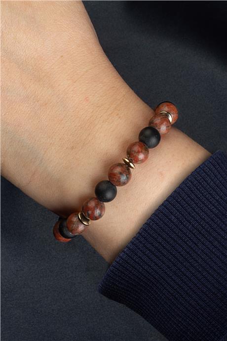 Sıkma Doğal Taş Koyu Kırmızı - Siyah Küre Kesim 8mm Bileklik