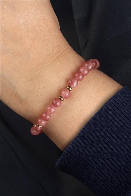 Sıkma Doğal Taş Koyu Pembe Küre Kesim 6mm Bileklik