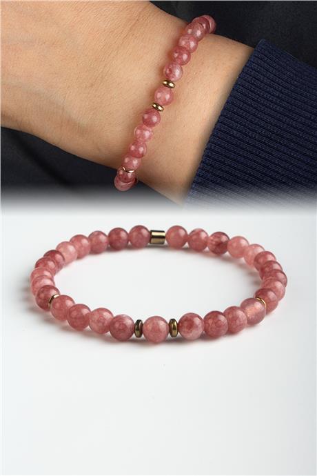 Sıkma Doğal Taş Koyu Pembe Küre Kesim 6mm Bileklik