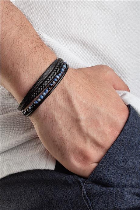 Sıkma Doğal Taş Mavi 4mm Dörtlü Deri Erkek Bileklik