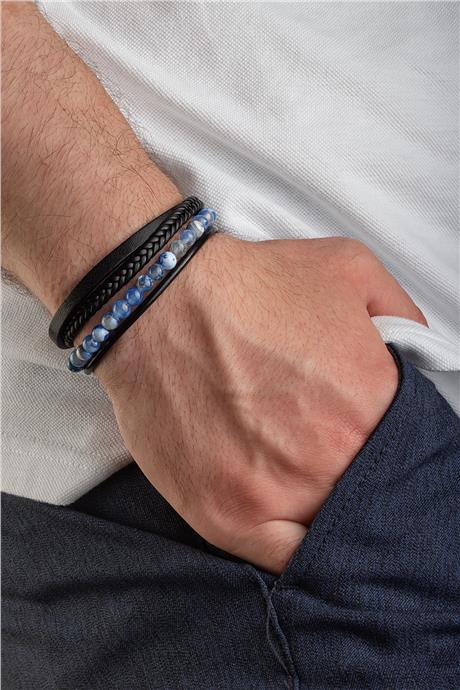 Sıkma Doğal Taş Mavi 6mm Dörtlü Deri Erkek Bileklik