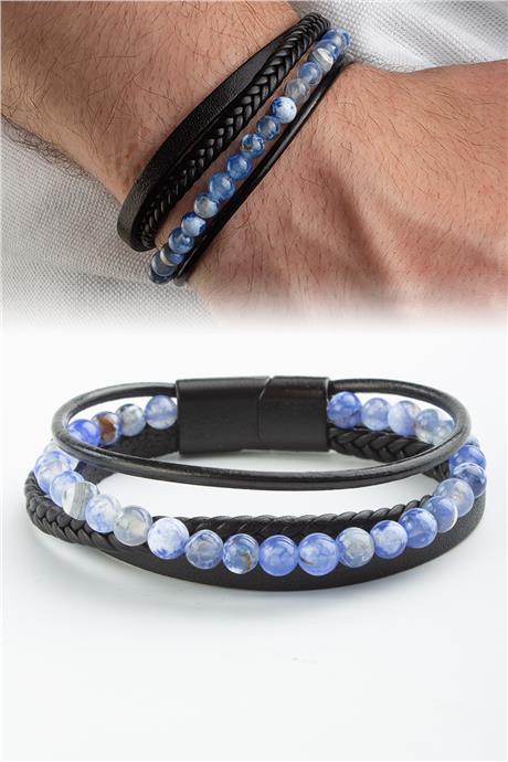Sıkma Doğal Taş Mavi 6mm Dörtlü Deri Erkek Bileklik