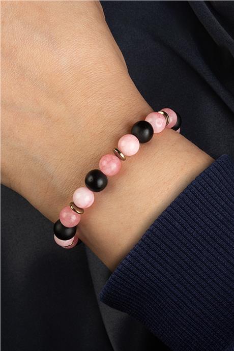 Sıkma Doğal Taş Pembe - Siyah Küre Kesim 8mm Bileklik