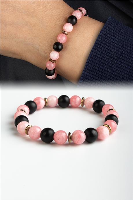 Sıkma Doğal Taş Pembe - Siyah Küre Kesim 8mm Bileklik