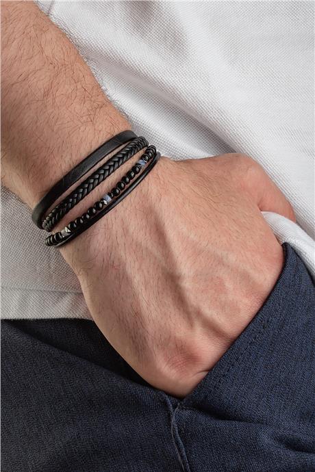 Sıkma Doğal Taş Siyah 4mm Dörtlü Deri Erkek Bileklik