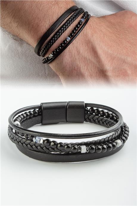 Sıkma Doğal Taş Siyah 4mm Dörtlü Deri Erkek Bileklik