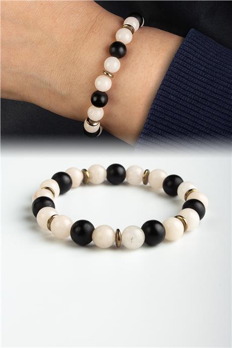 Sıkma Doğal Taş Siyah - Beyaz Küre Kesim 8mm Bileklik