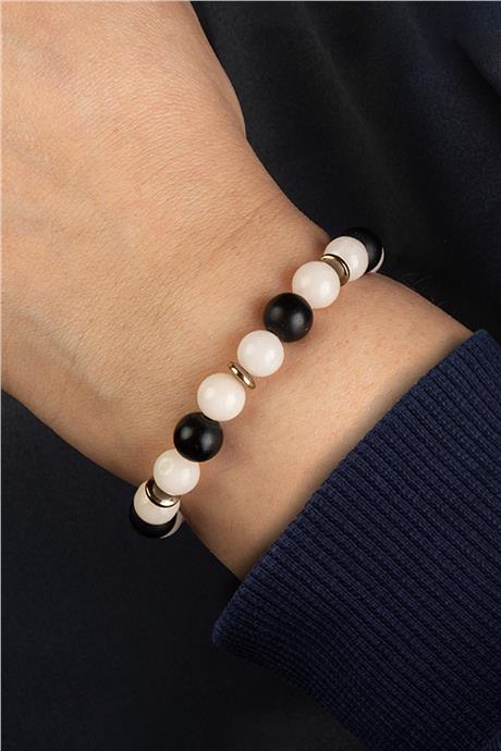 Sıkma Doğal Taş Siyah - Beyaz Küre Kesim 8mm Bileklik